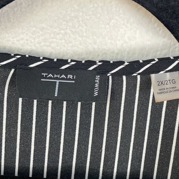 Tahari Woman Plus 2X Black White Striped Drape Front Blouse Long Sleeve Shirt - Picture 3 of 9